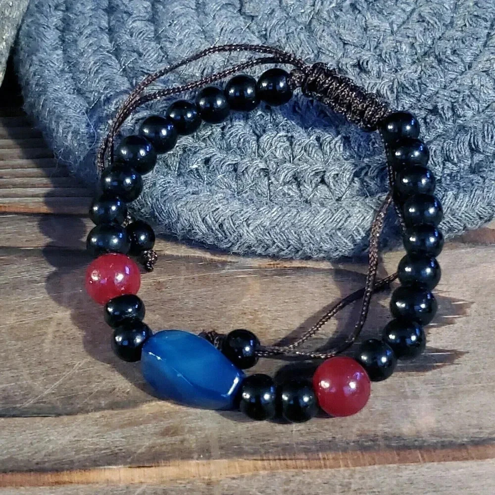 Handcrafted Tibetan Red Blue Twisted Agate Beads Gemstone Bracelet